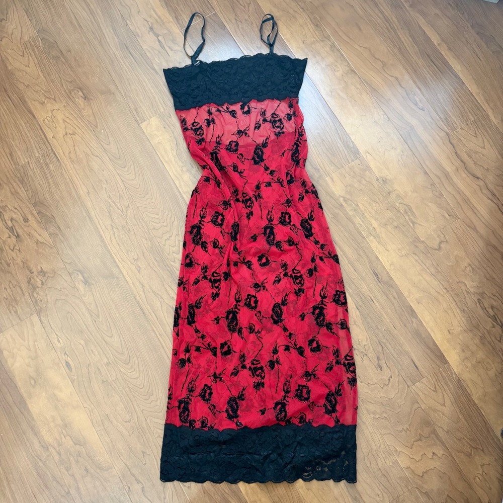 Vintage Y2K Red Lace Maxi Slip Dress XL Sheer Open Back Romantic Whimsi USA